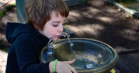 A small boy drinks from a public drinking fountain